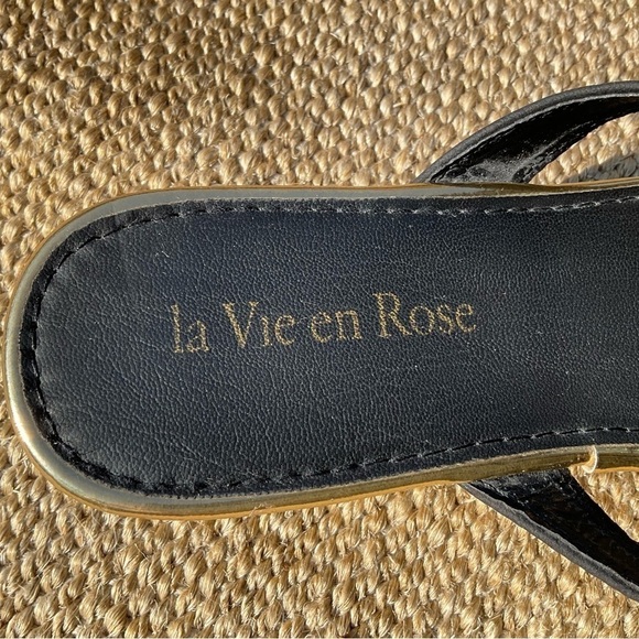 La Vie En Rose Boudoir Slippers Black Feather Flats Thong Sandals Shoes Size 8 - Picture 4 of 6